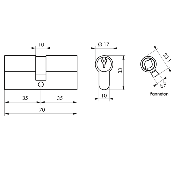 Cylindre de serrure à profil européen Thirard - en laiton - 5 goupilles - avec 3 clés nickelées - 35 x 35 mm