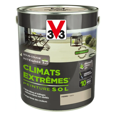 Peinture sols extérieurs avec sous-couche intégrée - Climats extrêmes V33 - Teinte Pierre Satin - Pot de 2,5 LTR