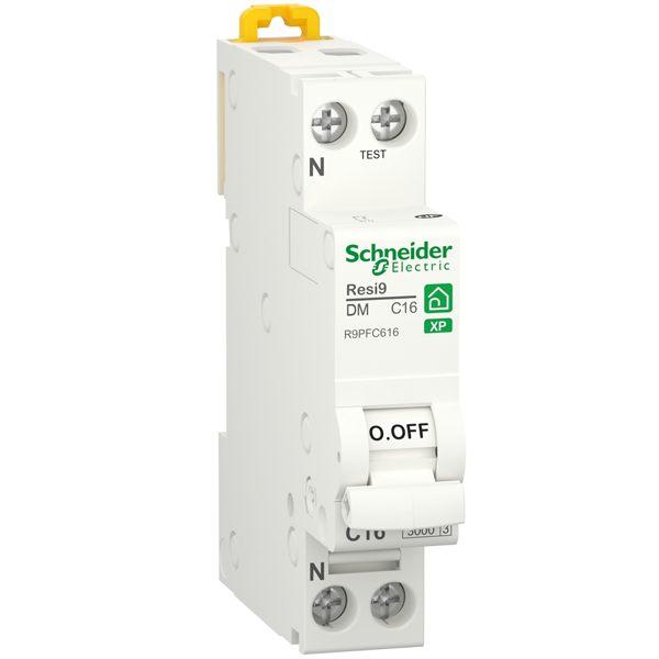 Disjoncteur modulaire 1P+N Schneider Resi9 C16 - peignable - courbe C pour usages courants - 16A - 230 V