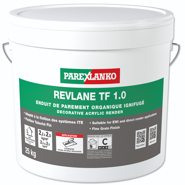 Enduit de parement organique REVLANE+ IGNIFUGÉ Taloché Fin 1.0 Parex - G20 Blanc cassé - Seau de 25 KG