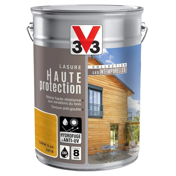 Lasure bois extérieur V33 - Résine haute protection - Chêne clair - Aspect satin - Pot 5L