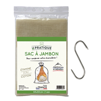 Sac à jambon en coton étamine 65 x 80 cm - Vendu avec 1 crochet esse de boucher inox 12 cm