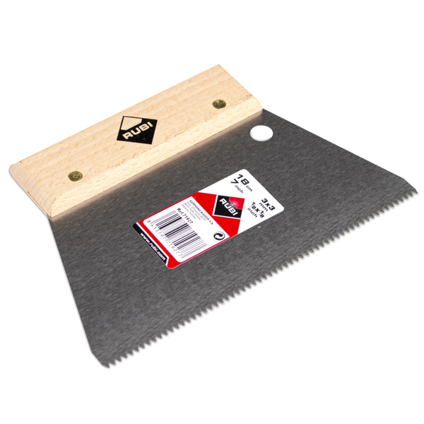 Peigne colle acier carreleur - Denture carrée 8x8 mm Rubi - Lame large 18 cm - Manche en bois