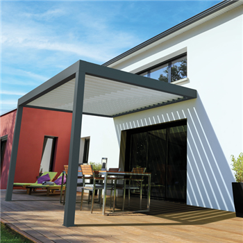 Pergola bioclimatique adossée carrée Alusun - lames parallèles orientables - gris anthracite - 3,00 M x 3,00 M