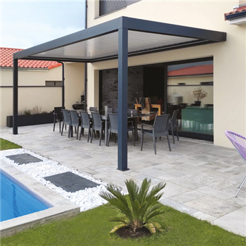 Pergola bioclimatique adossée rectangulaire Alusun - lames perpendiculaires orientables - gris anthracite - 4,00 M x 3,60 M
